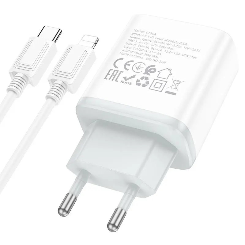 Мережеве Зарядне HOCO C105A 1Type-C, 1USB 3А QC3.0 PD20W кабель lightning white), зображення 4