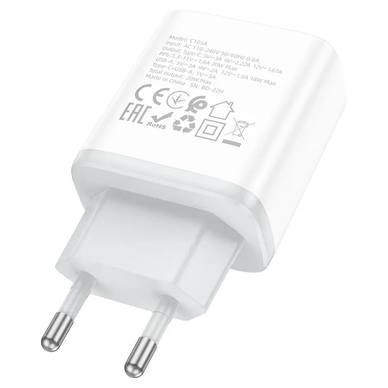 Мережеве Зарядне HOCO C105A USB 3.0А Type-C PD20W QC3.0 білий), зображення 5