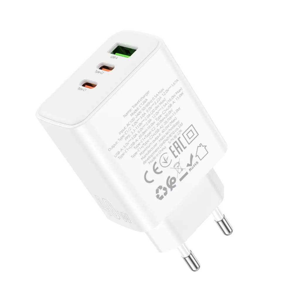 Зарядне HOCO C126A Pure USB 2 Type-C PD40W QC3.0 біле), зображення 5 Зарядне HOCO C126A Pure USB 2 Type-C PD40W QC3.0 біле), зображення 5