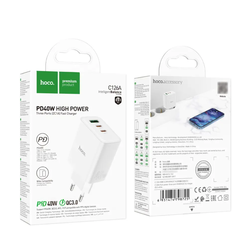 Зарядне HOCO C126A Pure USB 2 Type-C PD40W QC3.0 біле), зображення 6 Зарядне HOCO C126A Pure USB 2 Type-C PD40W QC3.0 біле), зображення 6