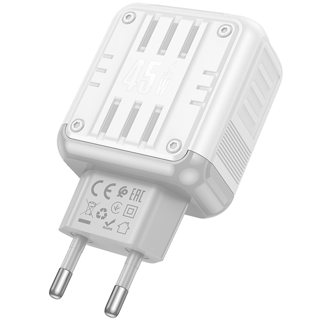 Мережеве зарядне HOCO C137A 2Type-C 3A QC3.0 PD45W white), зображення 5 Мережеве зарядне HOCO C137A 2Type-C 3A QC3.0 PD45W white), зображення 5