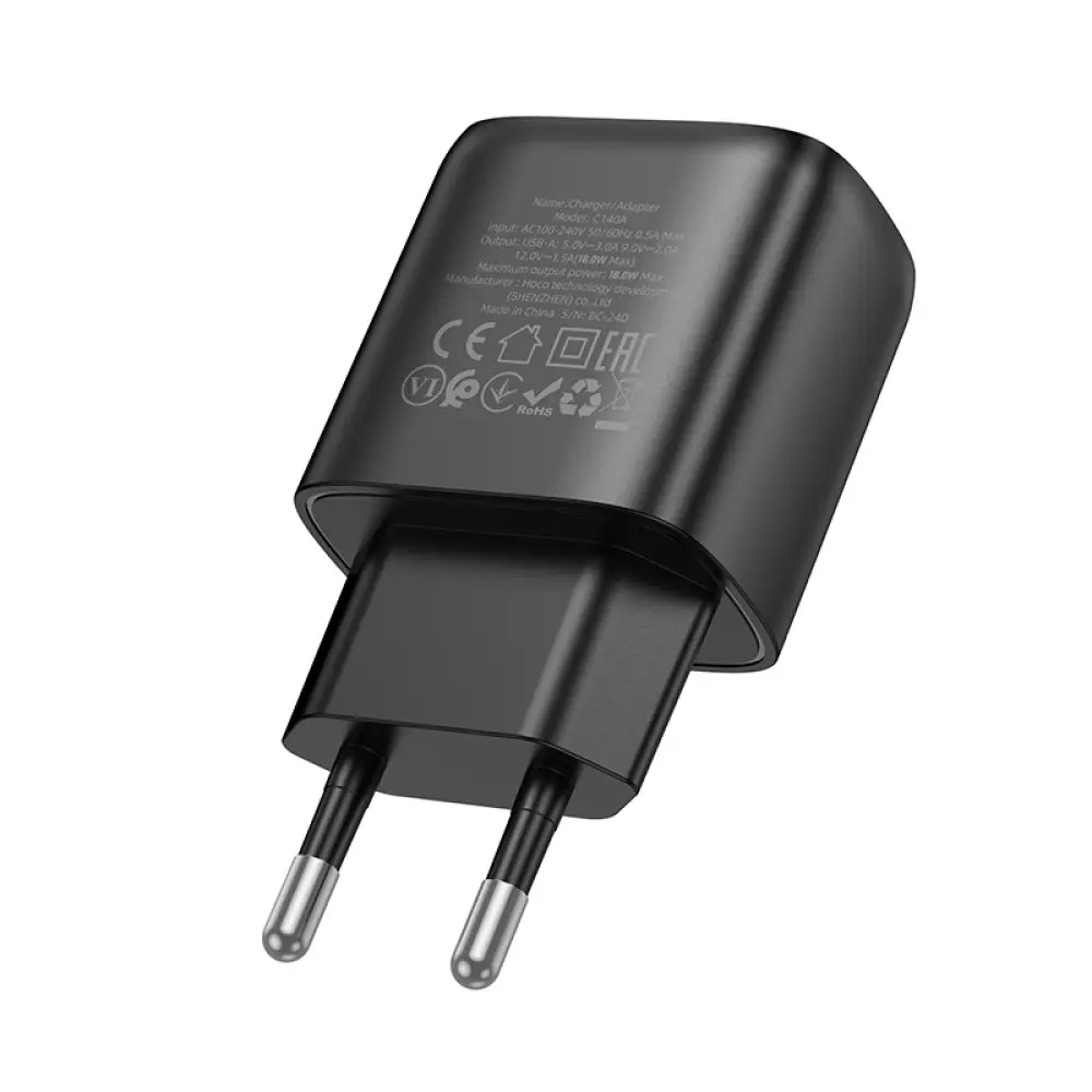 Мережеве зарядне HOCO C140A 1USB 3А QC3.0 18W black), зображення 3 Мережеве зарядне HOCO C140A 1USB 3А QC3.0 18W black), зображення 3