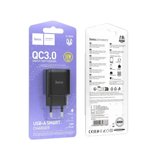 Мережеве зарядне HOCO C140A 1USB 3А QC3.0 18W black), зображення 4 Мережеве зарядне HOCO C140A 1USB 3А QC3.0 18W black), зображення 4