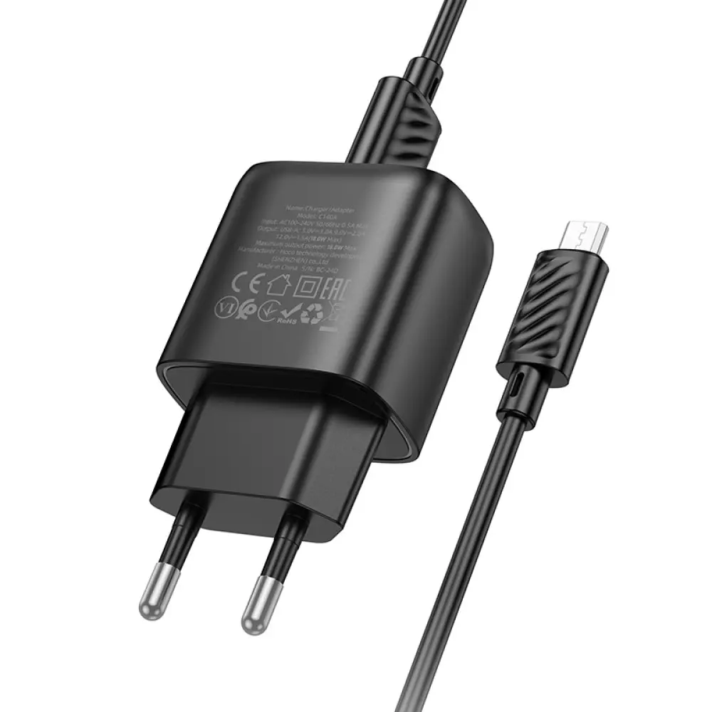Мережеве зарядне HOCO C140A 1USB 3А QC3.0 18W кабель micro usb black), зображення 4 Мережеве зарядне HOCO C140A 1USB 3А QC3.0 18W кабель micro usb black), зображення 4