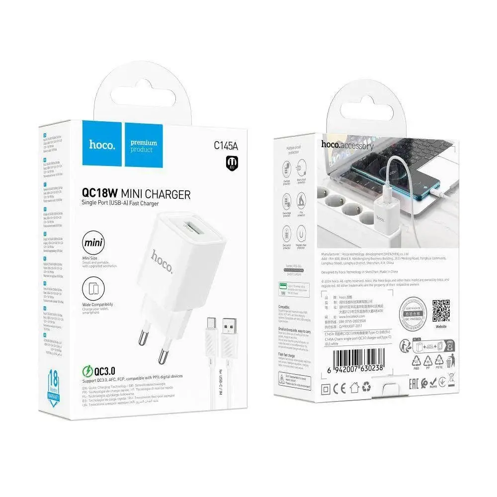 Зарядне HOCO C145A 1USB 3А QC3,0 від батарейки.com.ua