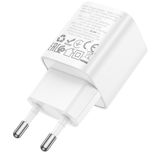 Зарядне HOCO C147A 1USB/1C PD 20W QC3.0 білий), зображення 4 Зарядне HOCO C147A 1USB/1C PD 20W QC3.0 білий), зображення 4