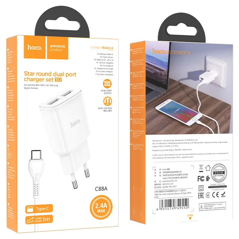 Мережеве зарядне HOCO C88A 2USB 2,4A кабель Type-C White), зображення 3 Мережеве зарядне HOCO C88A 2USB 2,4A кабель Type-C White), зображення 3