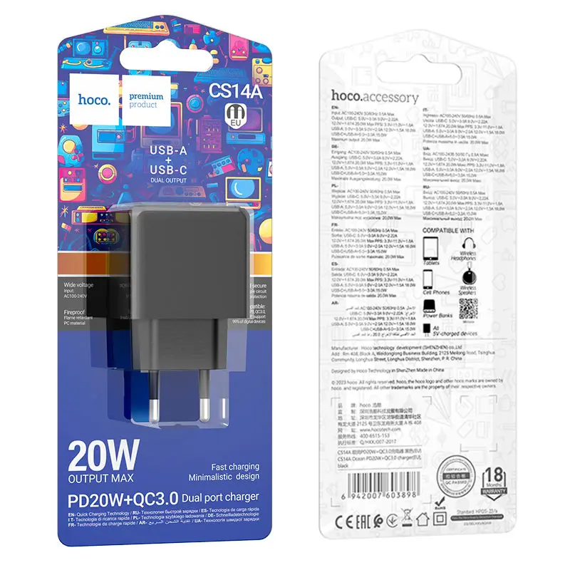 Мережеве зарядне HOCO CS14A QC3.0 PD 20W black), зображення 5 Мережеве зарядне HOCO CS14A QC3.0 PD 20W black), зображення 5