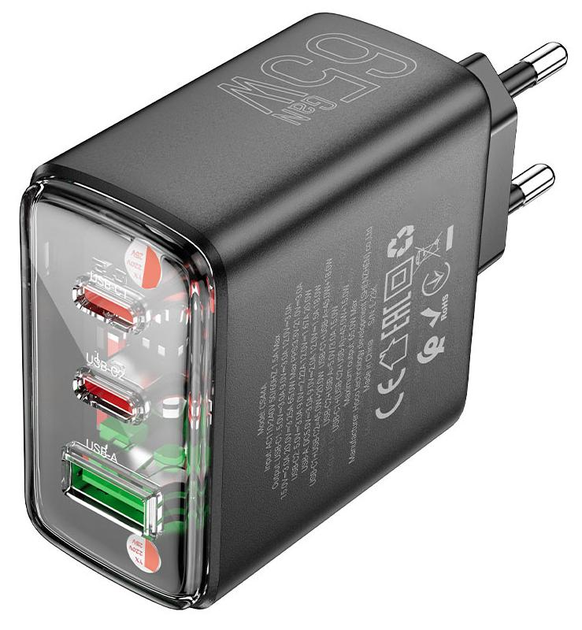 Зарядне HOCO CS44A 2Type-C/1USB 3A PD65W QC3.0 чорний), зображення 4 Зарядне HOCO CS44A 2Type-C/1USB 3A PD65W QC3.0 чорний), зображення 4