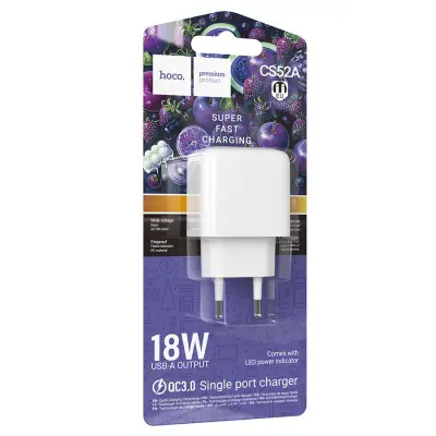 Зарядне HOCO CS52A 1USB 18W QC3.0 білий), зображення 6 Зарядне HOCO CS52A 1USB 18W QC3.0 білий), зображення 6