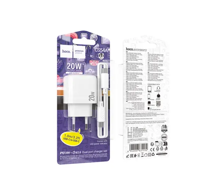 Зарядне HOCO CS54A PD20W QC3.0 виходи Type-C та USB з кабелем Type-C біла), зображення 4 Зарядне HOCO CS54A PD20W QC3.0 виходи Type-C та USB з кабелем Type-C біла), зображення 4