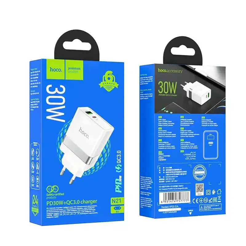 Зарядне HOCO N21 1Type-C, 1USB 3А PD30W QC3.0 білий), зображення 6 Зарядне HOCO N21 1Type-C, 1USB 3А PD30W QC3.0 білий), зображення 6