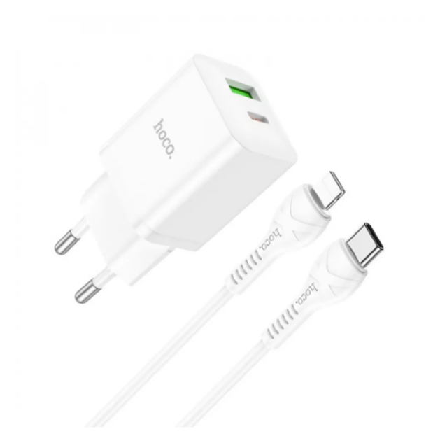 Зарядне HOCO N28 1Type-C, 1USB 3A PD20W QC + кабель Type-C - lightning білий), зображення 2 Зарядне HOCO N28 1Type-C, 1USB 3A PD20W QC + кабель Type-C - lightning білий), зображення 2