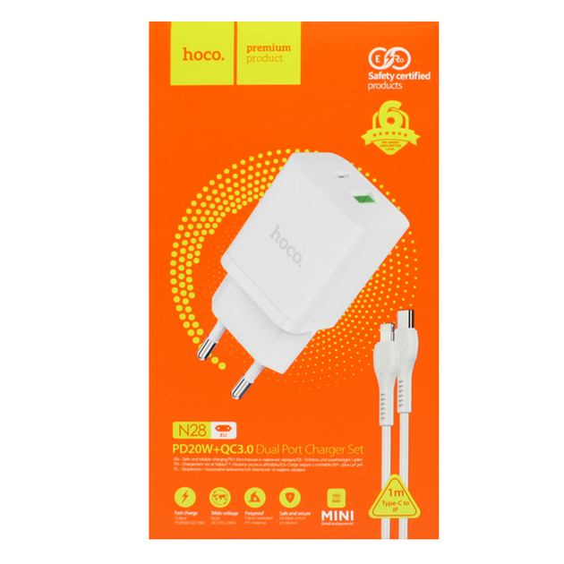 Зарядне HOCO N28 1Type-C, 1USB 3A PD20W QC + кабель Type-C - lightning білий), зображення 5 Зарядне HOCO N28 1Type-C, 1USB 3A PD20W QC + кабель Type-C - lightning білий), зображення 5