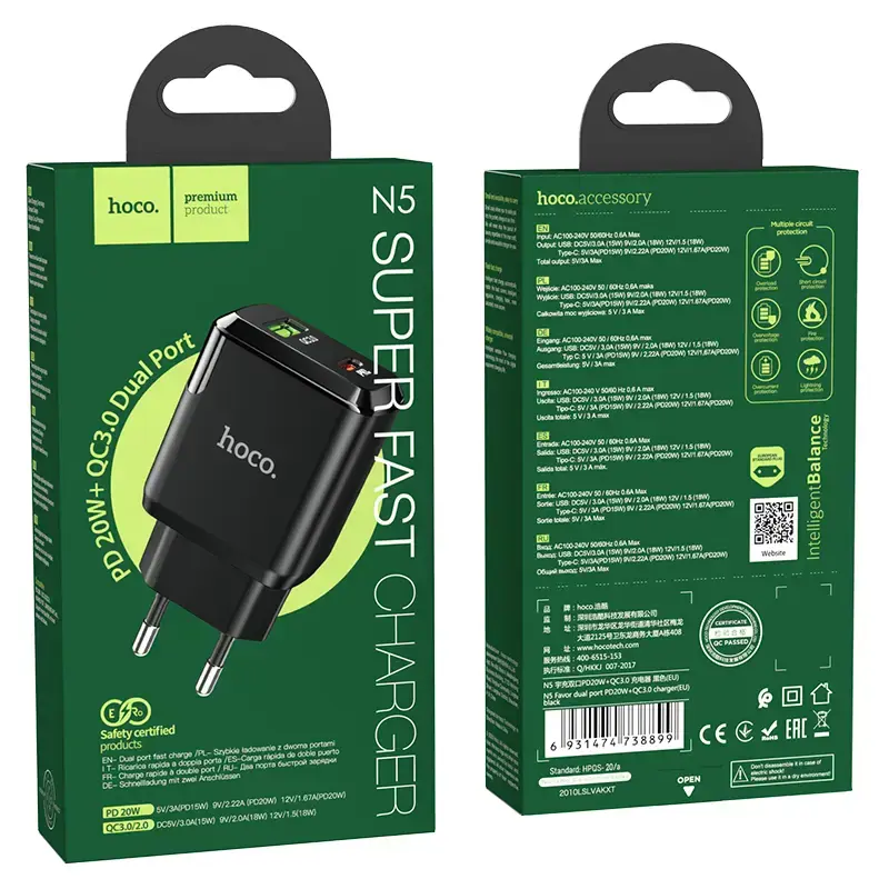 Зарядне HOCO N5 1USB 1Type-C 3А PD 20W QC3.0 чорне), зображення 5 Зарядне HOCO N5 1USB 1Type-C 3А PD 20W QC3.0 чорне), зображення 5