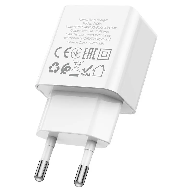 Мережеве Зарядне Hoco C106A 1USB 2,1A White), зображення 3 Мережеве Зарядне Hoco C106A 1USB 2,1A White), зображення 3