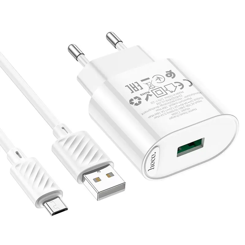 Зарядне Hoco C109A 1USB 3А 18W QC3.0 кабель Micro White), зображення 3 Зарядне Hoco C109A 1USB 3А 18W QC3.0 кабель Micro White), зображення 3