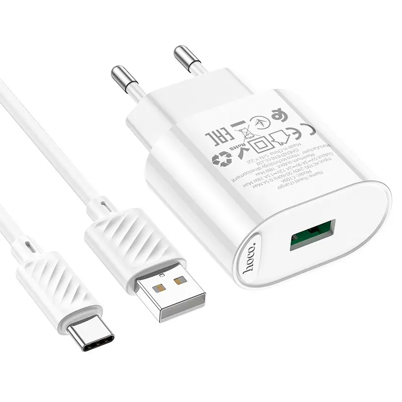 Зарядне Hoco C109A 1USB 3А QC3.0 18W кабель Type-C білий), зображення 5 Зарядне Hoco C109A 1USB 3А QC3.0 18W кабель Type-C білий), зображення 5