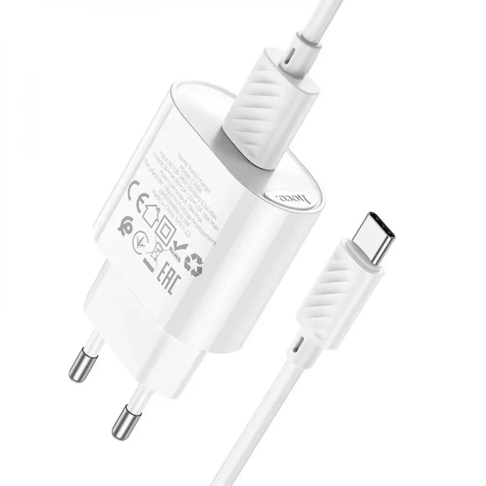 Зарядне Hoco C109A 1USB 3А QC3.0 18W кабель Type-C білий), зображення 2 Зарядне Hoco C109A 1USB 3А QC3.0 18W кабель Type-C білий), зображення 2