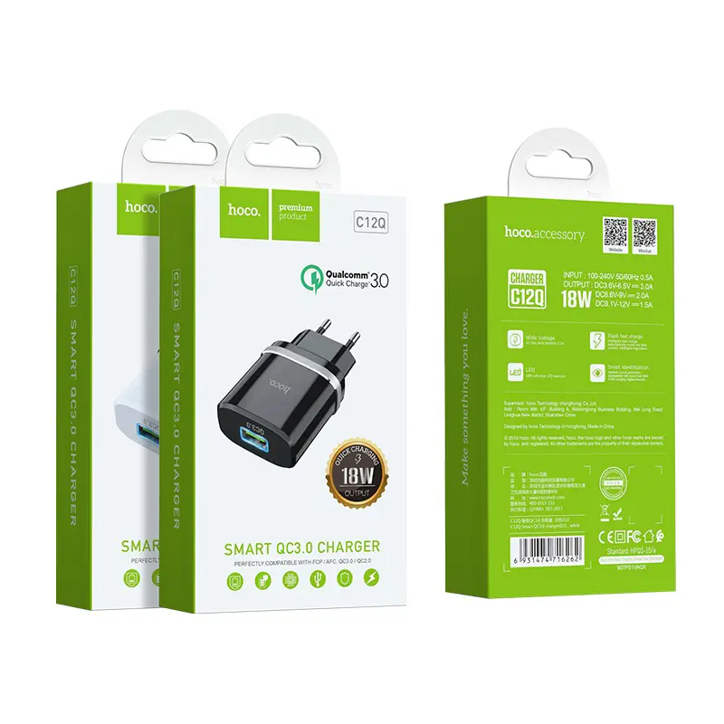 Мережеве Зарядне Hoco C12Q Smart 1USB 3A QC3.0 18W Чорний), зображення 4