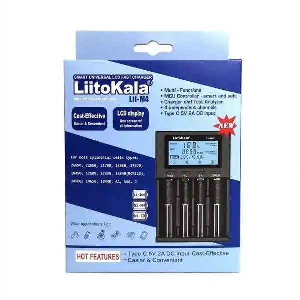 Зарядне LiitoKala Lii-M4 1-4 елементів для 10440-26650 Ni-Mh, Li-Ion, Li-Fe від USB-С + ПаверБанк), зображення 4