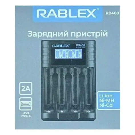 Зарядне RABLEX RB-408 для 4 елементів 10440-26650, Ni-Mh, Li-Ion, Ni-Cd від Type C), зображення 3 Зарядне RABLEX RB-408 для 4 елементів 10440-26650, Ni-Mh, Li-Ion, Ni-Cd від Type C), зображення 3