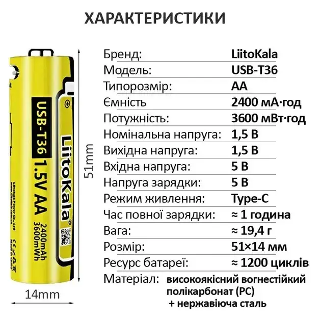 Акумулятор LiitoKala Li-ion AA 1.5V 2400mAh USB-T36), зображення 2