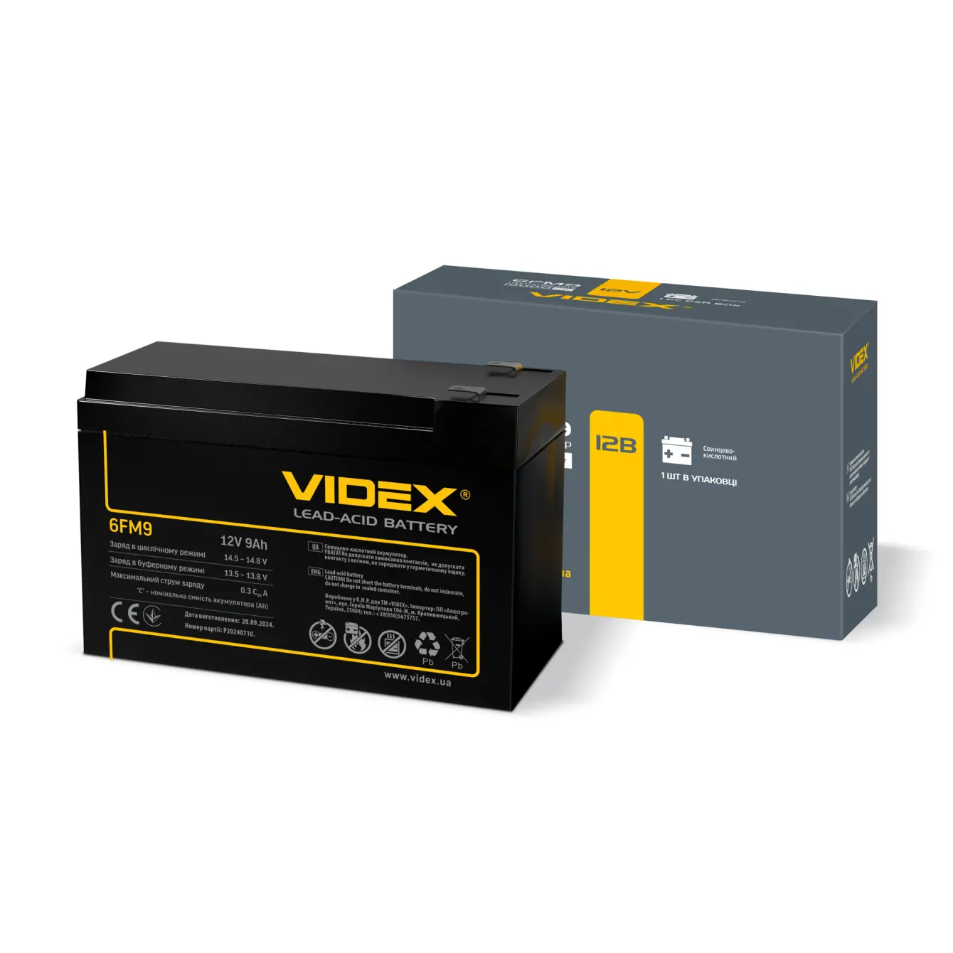 Акумулятор AGM Videx  6FM9 12V 9A 151*65*94/6 від батарейки.com.ua