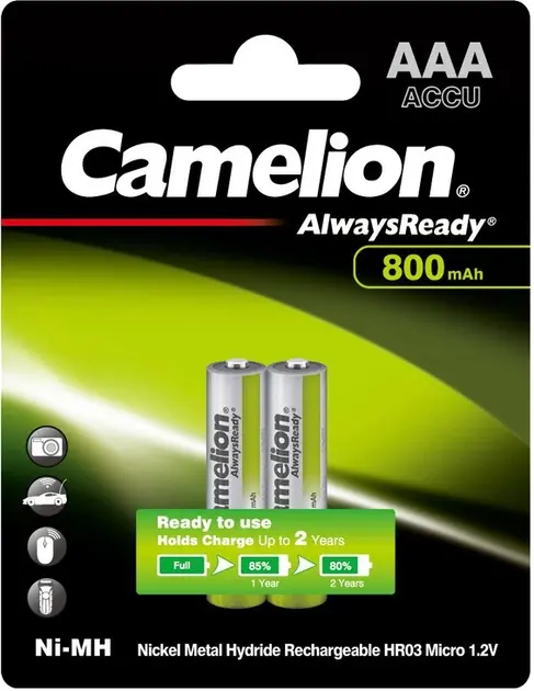 Акумулятор CAMELION Ni-MH ААА R03 800 mAh (Always Ready) 2bl від батарейки.com.ua
