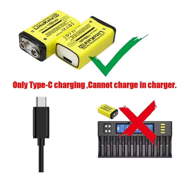 Акумулятор крона LiitoKala Li-Ion 9V 1100mAh, зарядка від USB Type-C), зображення 6