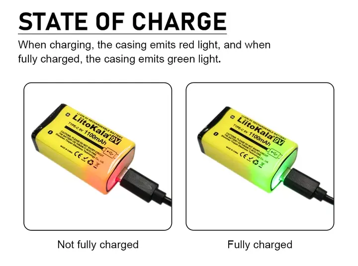 Акумулятор крона LiitoKala Li-Ion 9V 1100mAh, зарядка від USB Type-C), зображення 7