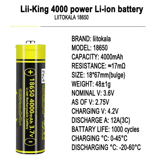 Акумулятор LiitoKala 18650 3,7V 4000mAh KING4000-PCB, з захистом), зображення 6