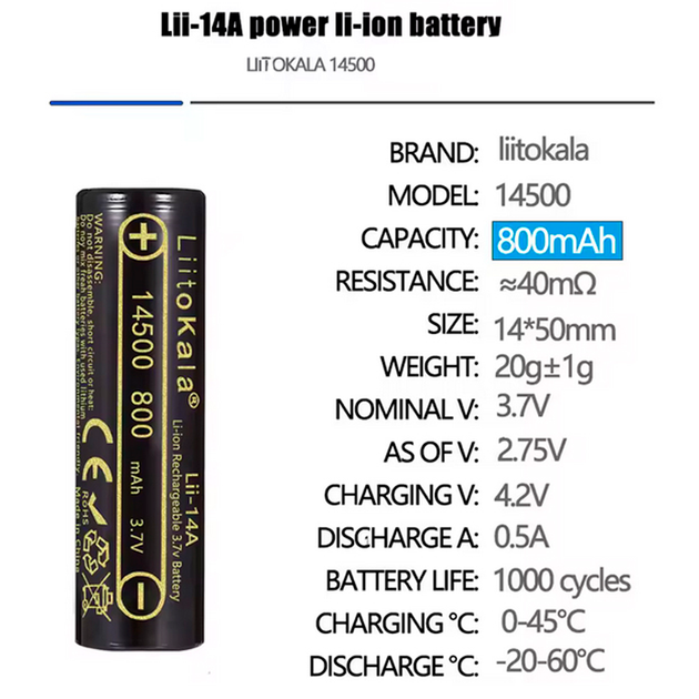 Акумулятор LiitoKala Li-Ion 14500 Lii-14A 800mAh 3,7V), зображення 3
