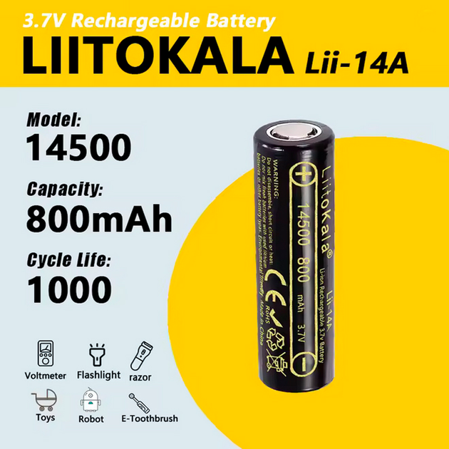 Акумулятор LiitoKala Li-Ion 14500 Lii-14A 800mAh 3,7V), зображення 4