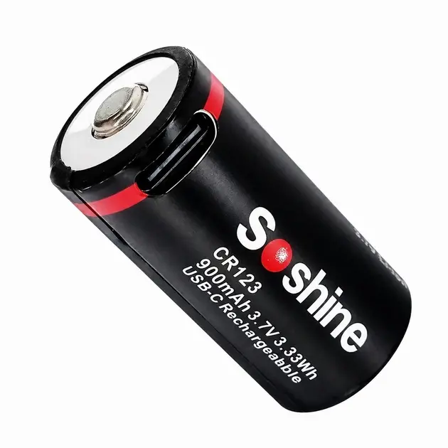 Акумулятор Soshine 16340 cr123 Li-ion  3,7V 900mAh + защита+ЗАРЯДКА от Type-C 16,5мм*34,0мм від батарейки.com.ua