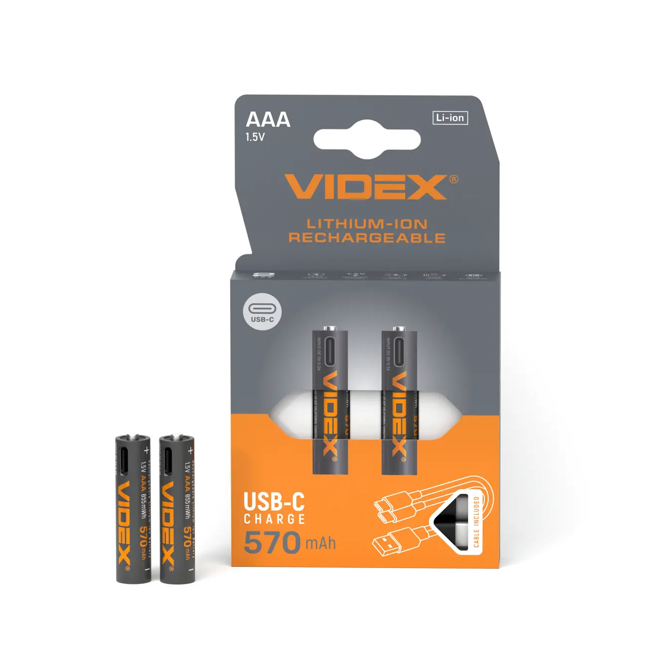 Акумулятор VIDEX Li-ion LIR03CAAA USB-C 1.5V 570mAh захист від батарейки.com.ua