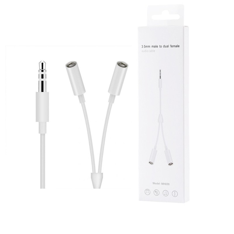 Аудіо перехідник MH028 AUX Jack 3,5 Male to 2AUX Female-Jack  White Box від батарейки.com.ua