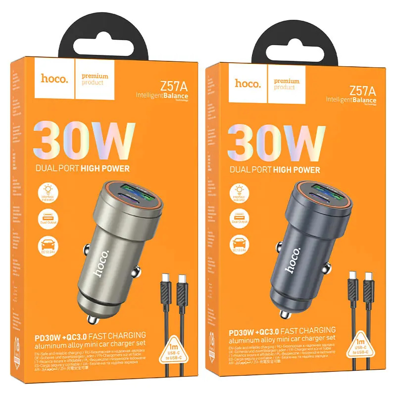 Автомобільне зарядне HOCO Z57A Glorious PD30W+QC3.0 car charger Metal Gray), зображення 8