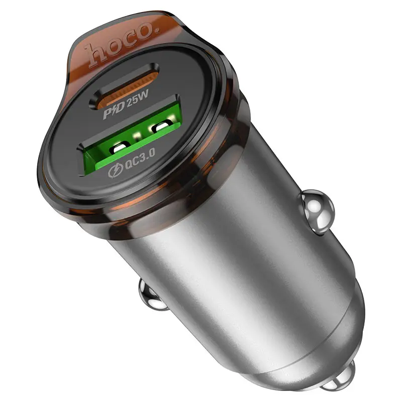 Автомобільне зарядне Hoco NZ16A  Rigorous 43W dual port PD25W+QC3.0 car charger Metal Grey від батарейки.com.ua