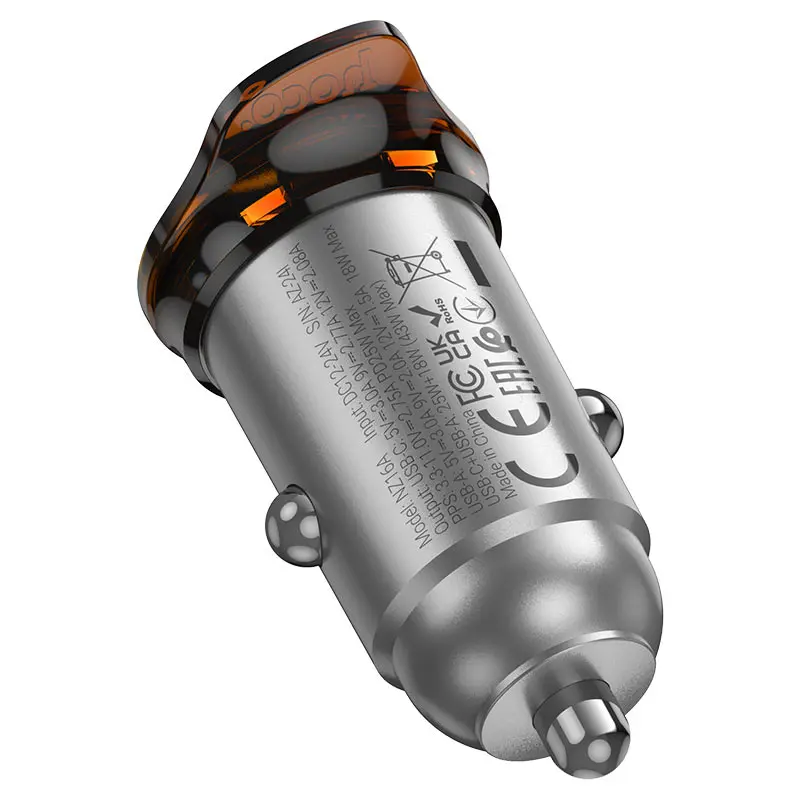 Автомобільне зарядне Hoco NZ16A  Rigorous 43W dual port PD25W+QC3.0 car charger Metal Grey), зображення 5