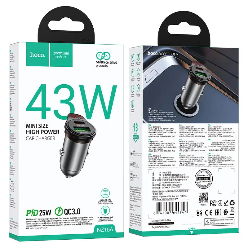 Автомобільне зарядне Hoco NZ16A  Rigorous 43W dual port PD25W+QC3.0 car charger Metal Grey), зображення 6