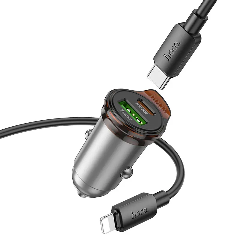 Автомобільне зарядне Hoco NZ16A  Rigorous 43W dual port PD25W+QC3.0 car charger Metal Grey), зображення 7