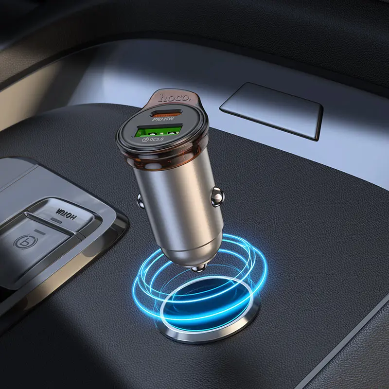 Автомобільне зарядне Hoco NZ16A  Rigorous 43W dual port PD25W+QC3.0 car charger Metal Grey), зображення 8