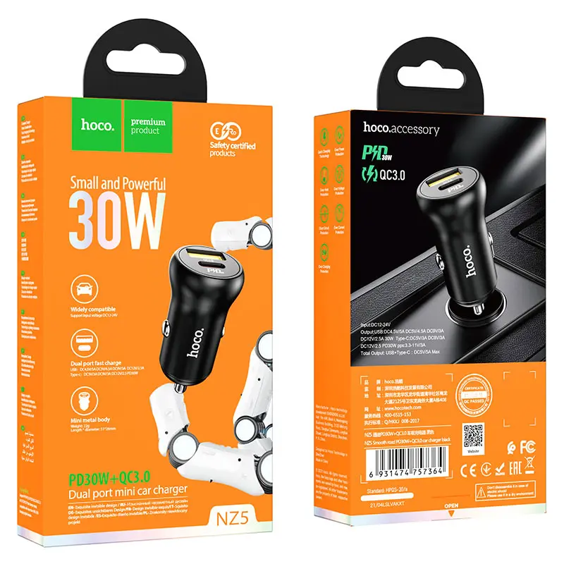 Автомобільне зарядне Hoco NZ5 PD30W QC3,0  1Type-C 1USB 3A чорний), зображення 4