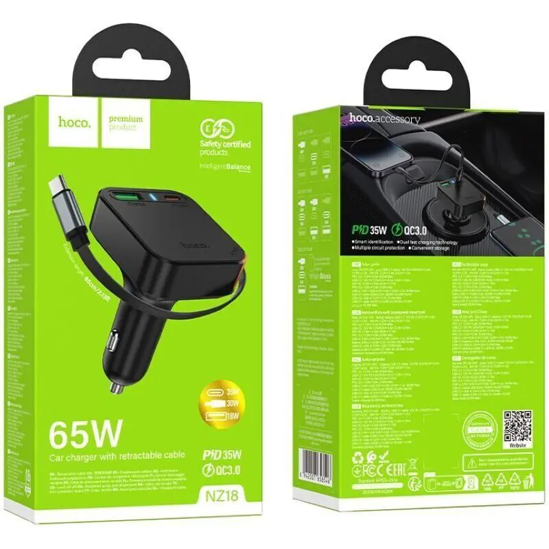 Автомобільне зарядне Hoco NZ18 2xType-C 1xUSB PD65W чорне), зображення 2
