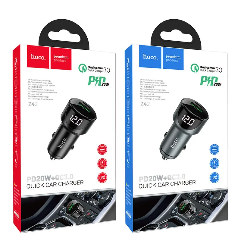 Автомобільне зарядне HOCO Z42 USB Type-C PD20W QC3.0, Light, display, Metal gray), зображення 2