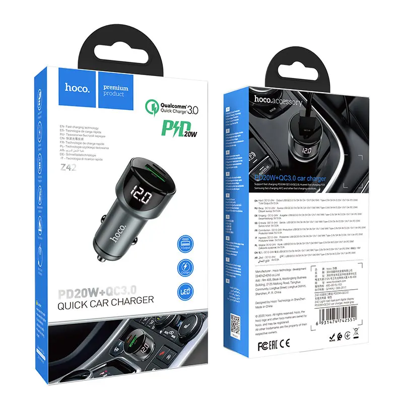Автомобільне зарядне HOCO Z42 USB Type-C PD20W QC3.0, Light, display, Metal gray), зображення 3