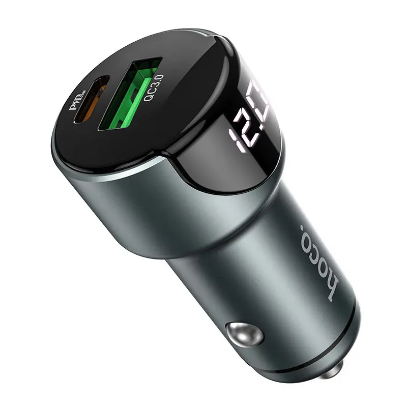 Автомобільне зарядне HOCO Z42 USB Type-C PD20W QC3.0, Light, display, Metal gray від батарейки.com.ua