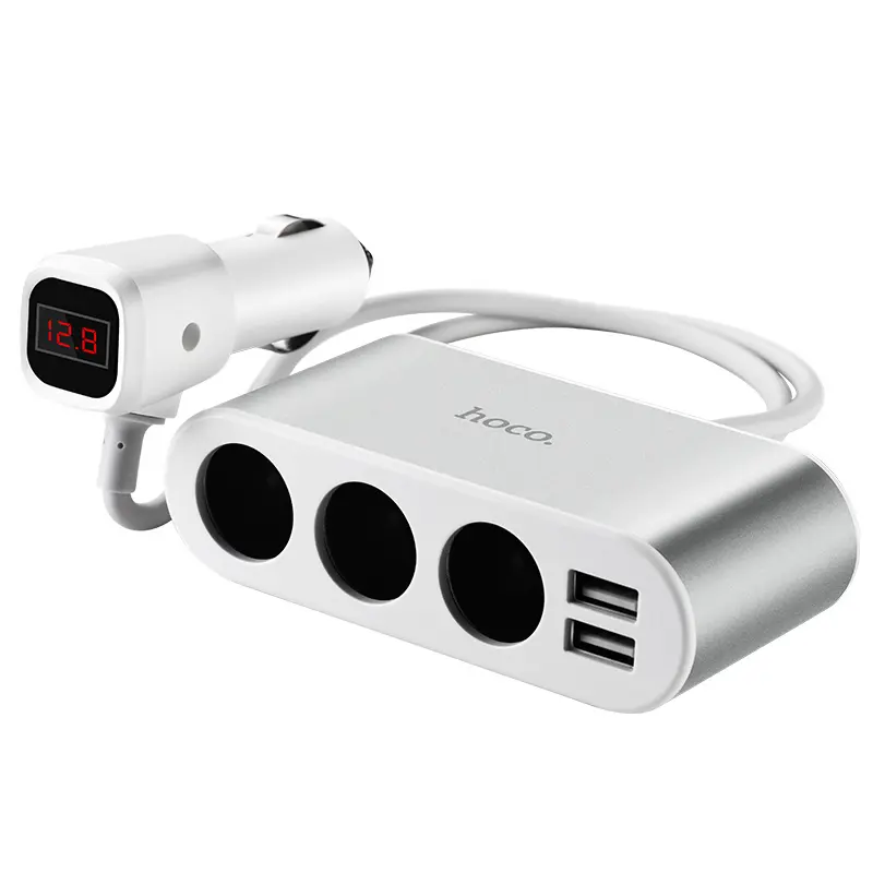 Автомобільне зарядне HOCO Z13 3 гнізда прикурювача, 2USB, 2,1A, LCD (Z13 3-in-1 car charger durable aluminum alloy shell 55cm cable multiple circuit protection universal in-car cigarette lighter port charging adapter 1. Material: ABS+PC flame retardant material, aluminum alloy shell. 2. Weight: 160g. Cable length: 55cm. 3. Input: DC12V-24V. 4. Output: dual USB output: 5V/2.1A, cigarette lighter output: 12-24V/1-12A. 5. Overcurrent and overvoltage protections for the circuit. 6. Characteristic: LED digital display of charging voltage.) від батарейки.com.ua