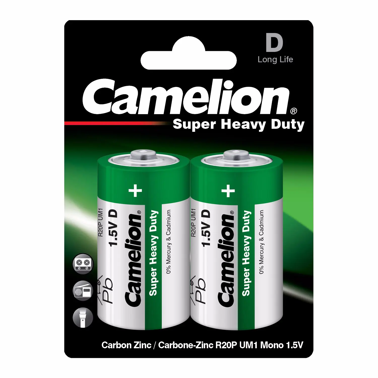Кругла батарейка CAMELION R20 в упаковці 2 шт. (зелена) на <a href='https://xn--80aabspfh9bq.com.ua/'>батарейки.com.ua</a>